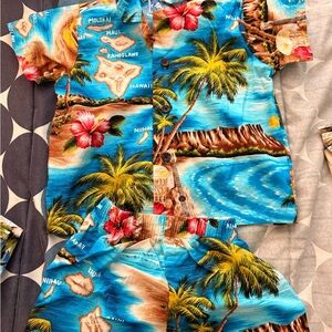 Tropical Hawaiian Print Shirt and Shorts Set - Blue with Yellow & Red Accents